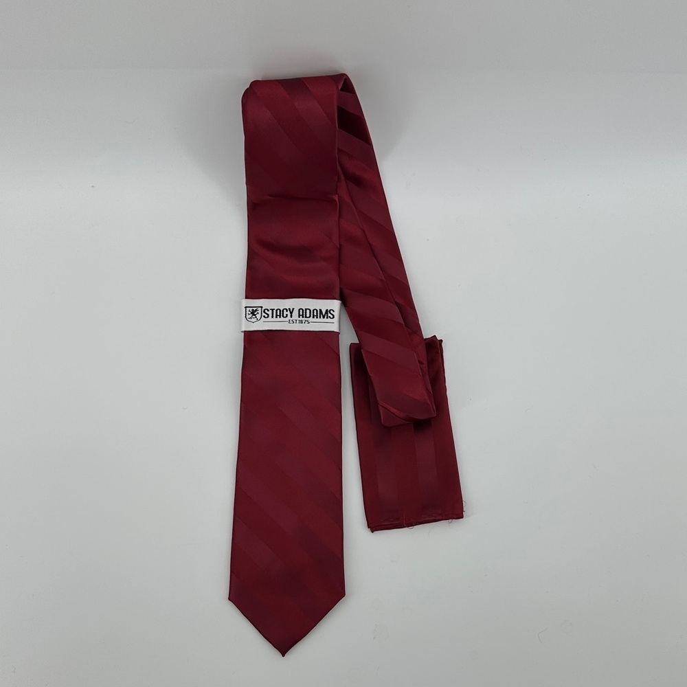 Stacy Adams Rich Burgundy and Red Striped Satin Tie and Pocket Square